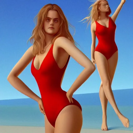 Prompt: of 9 0 s alicia silverstone wearing a red v - neck one - piece swimsuit symmetrical face concept art, octane render unreal engine meta humans, smooth, sharp focus, illustration, art by artgerm and greg rutkowski and alphonse mucha trending on artstation