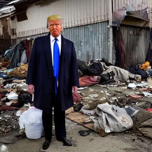 Image similar to donald trump dressed as a homeless man living in the slums