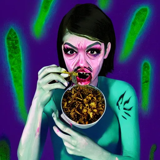 Prompt: zombie sarah hyland eating a clove of garlic, art by beeple