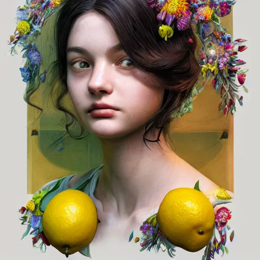 Image similar to the portrait of an absurdly beautiful, graceful, elegant, sophisticated, young teen girl made up of lemons looking up, an ultrafine hyperdetailed illustration by kim jung gi, irakli nadar, intricate linework, bright colors, octopath traveler, final fantasy, unreal engine 5 highly rendered, global illumination, radiant light, detailed and intricate environment