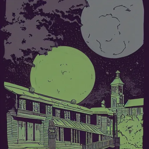 Prompt: bayou plantation, heavy ink, moon in sky, green, mike mignola