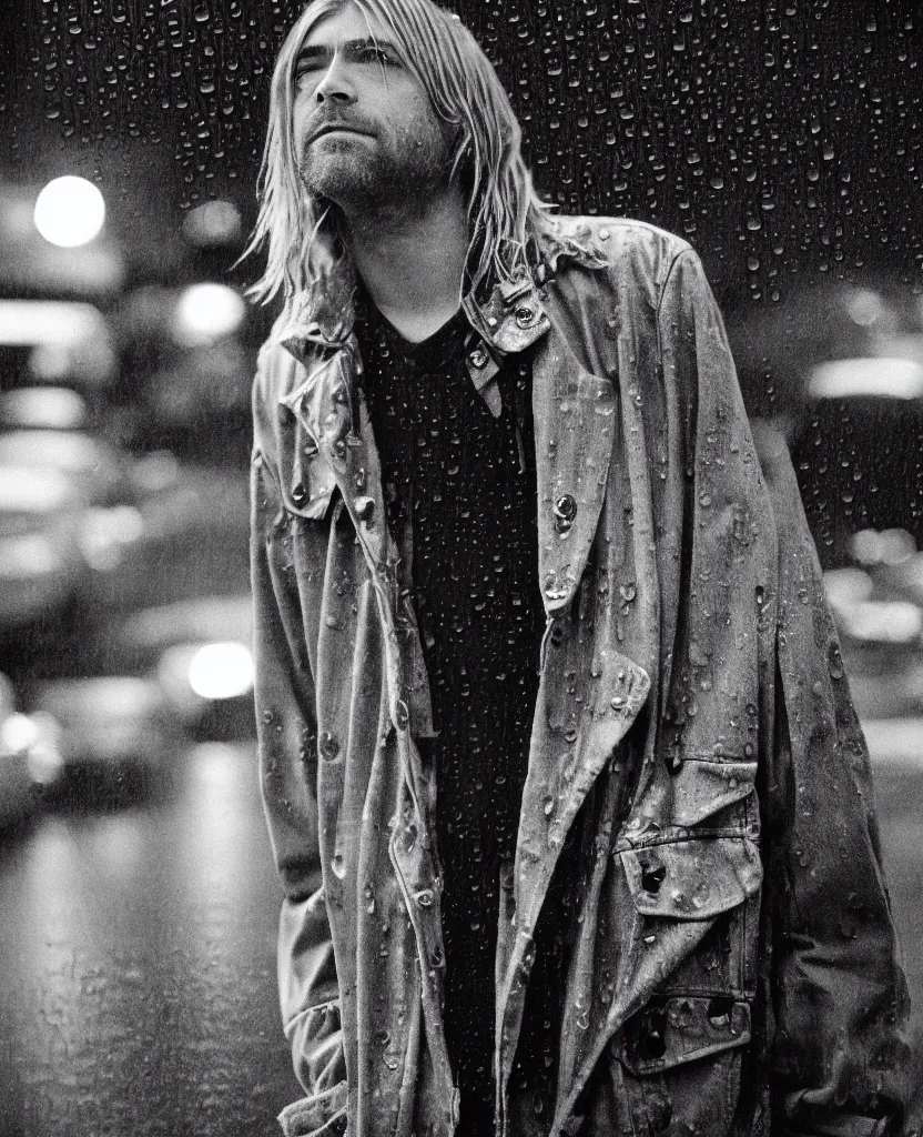 Prompt: medium format photo of kurt cobain in seattle, raining! nighttime, color, photorealistic, hyperdetailed, 8 k