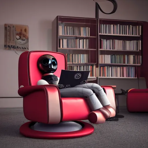 Image similar to futuristic studious matte brown and red and chrome full-body humanoid robot with two huge round expressive sad purple glowing LED eyes and open rectangular mouth sitting on a large comfortable cushioned 1950s vintage recliner reading a newspaper. open newspaper. Cinematic Movie Photograph, Arri Alexa, Extremely Detailed, smooth, very very clean, 8K, octane render, maya render, unreal engine, trending on artstation, DSLR, excellent composition, center frame