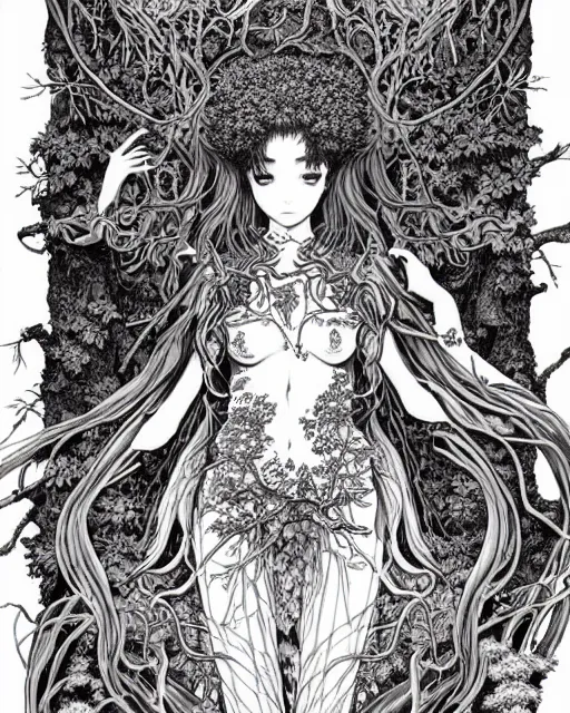 Image similar to hyper detailed illustration of the goddess of nature, forest dryad, intricate linework, lighting poster by moebius, ayami kojima, 90's anime, retro fantasy