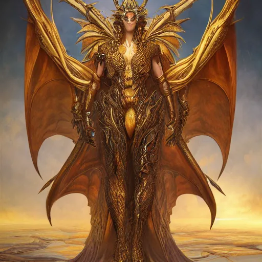 Image similar to a beautiful symmetrical muscular full body wearing a dragon armor with wings made of golden ornaments and gems, by alex gray and android jones , Karol Bak, Ayami Kojima, Amano , concept art, character design, fantasy,3D, 8k resolution