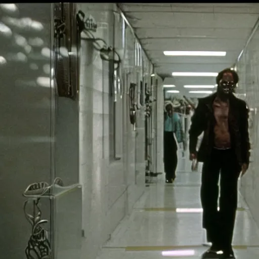 Image similar to 1 9 8 0 s sci - fi movie, still frame, skinned monster demon in hi - tech corridor, photorealistic