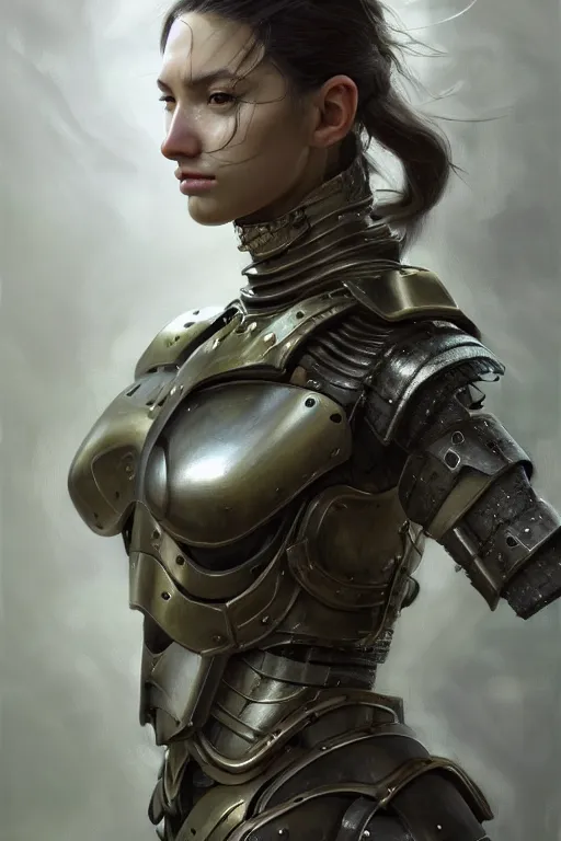 Image similar to a photorealistic painting of an attractive young girl, partially clothed in metal-plated battle armor, olive skin, long dark hair, beautiful bone structure, symmetrical face, perfect eyes, intricate, elegant, digital painting, concept art, illustration, sharp focus, minimal artifacts, from Metal Gear, in the style of Ruan Jia and Mandy Jurgens, by Greg Rutkowski, trending on Artstation, award winning