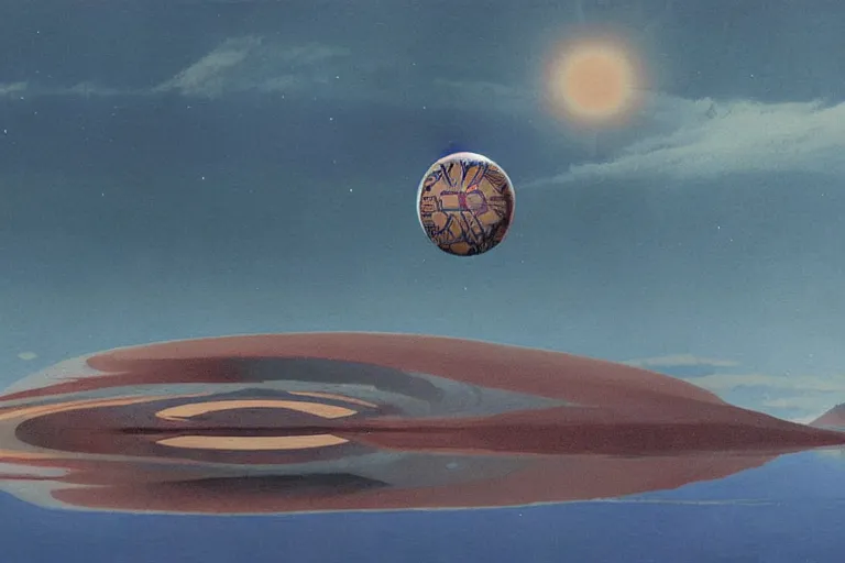 Prompt: a giant floating sphere covered in canadian aboriginal patterns hovering above a Yukon lake, painted by Ralph McQuarrie, matte painting