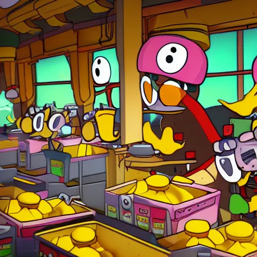 Image similar to Sebee working in chicken nugget factory with Cuphead , 4k