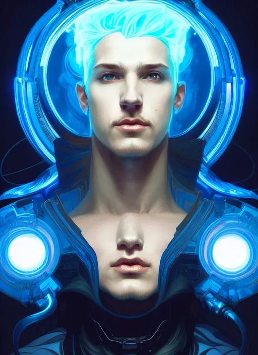 Image similar to symmetry!! portrait of man with blue flaming hair, sci - fi, glowing lights!! intricate, elegant, highly detailed, digital painting, artstation, concept art, smooth, sharp focus, illustration, art by artgerm and greg rutkowski and alphonse mucha,