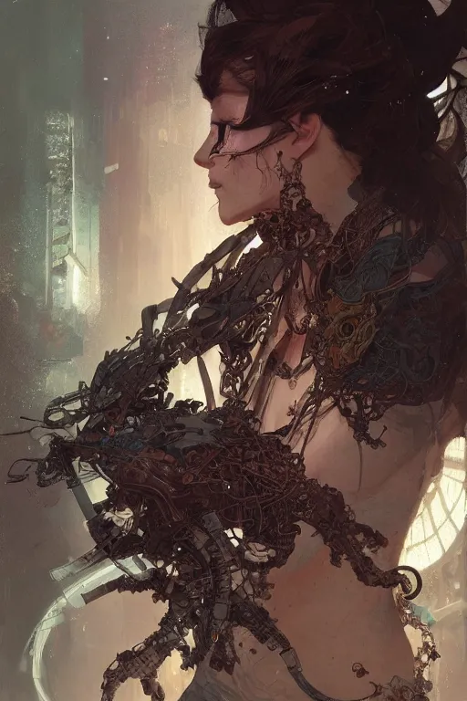 Image similar to A full portrait of a powerful beautiful futuristic dystopian junktown Japanese necromancer sorcerer enchanter, intricate, elegant, highly detailed, digital painting, artstation, concept art, smooth, sharp focus, illustration, art by Krenz Cushart and Artem Demura and alphonse mucha