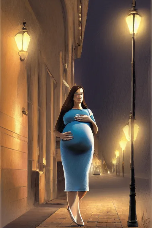 Image similar to pregnant woman under street light, highly detailed, sharp focused, ultra realistic digital concept art by Garth Laidlaw