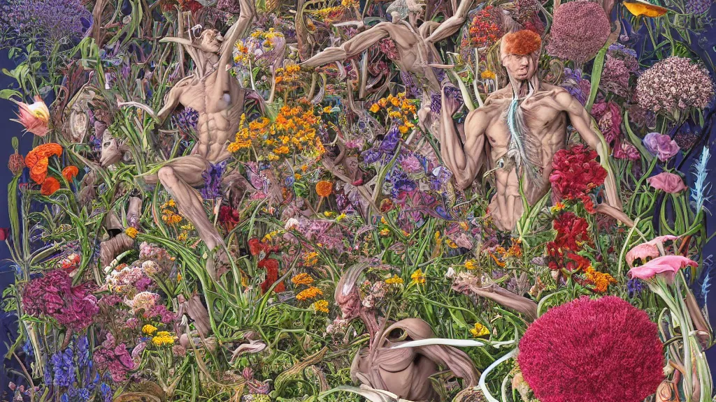 Prompt: highly detailed illustration of human anatomy surrounded by all the known species of flowers by juan gatti!!, by gottfried bammes, by moebius!, by george bridgman, by oliver vernon, by joseph moncada, by damon soule, by manabu ikeda, by kyle hotz, by dan mumford, by kilian eng