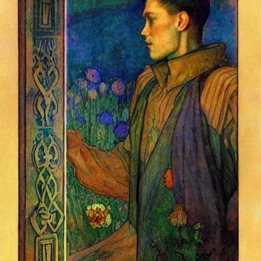 Image similar to the flower prince, by jessie willcox smith and donato giancola and nicholas roerich, symbolist, tattoos, dramatic lighting, elaborate geometric ornament, art brut, god rays, soft cool colors, smooth, sharp focus, extremely detailed