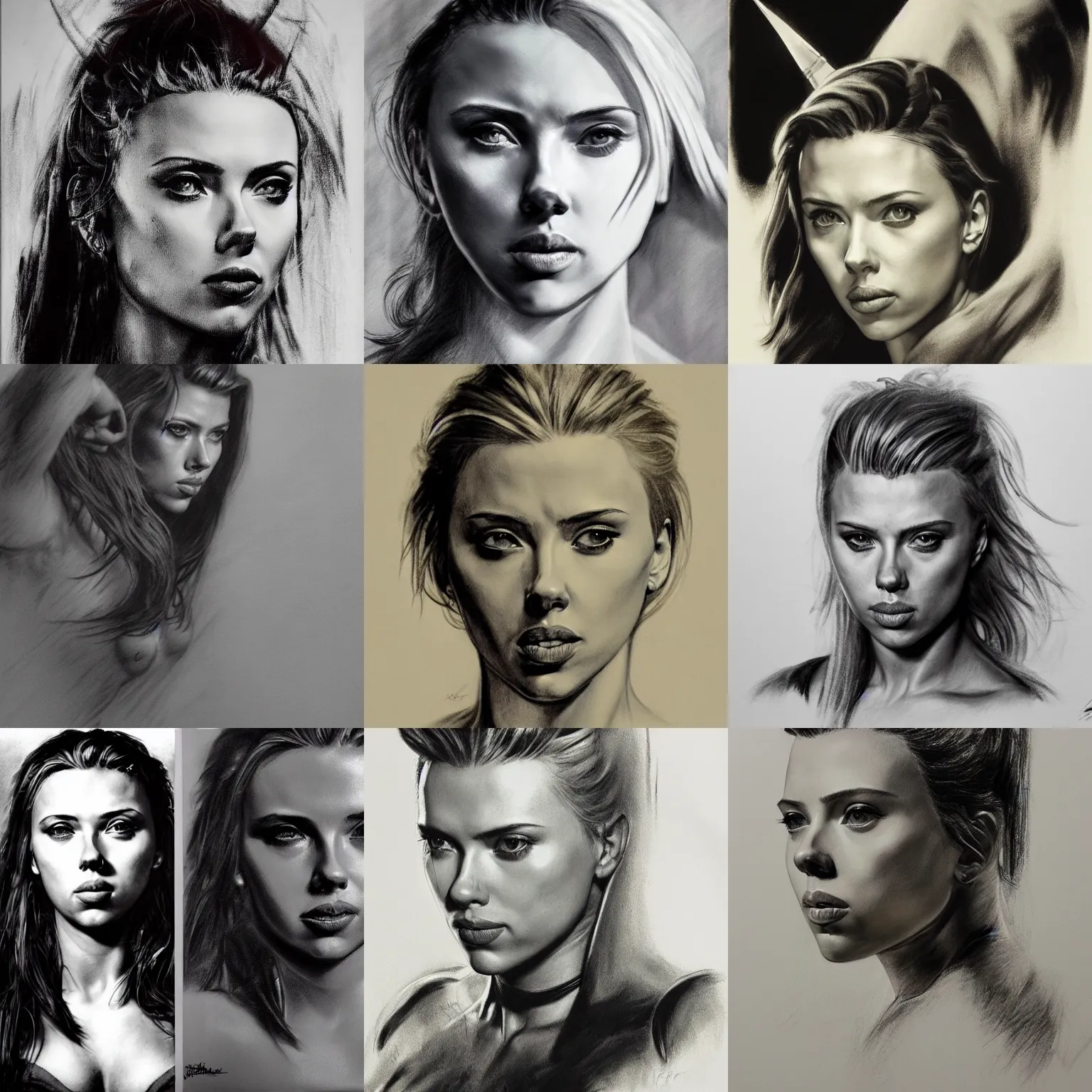 Prompt: husam wleed and frank frazetta charcoal portrait of scarlett johansson warrior, full figure centered in portrait, 8 k, realistic, photo real, smooth, sharp, intricate detail, hyper detail, dramatic lighting, dramatic shading