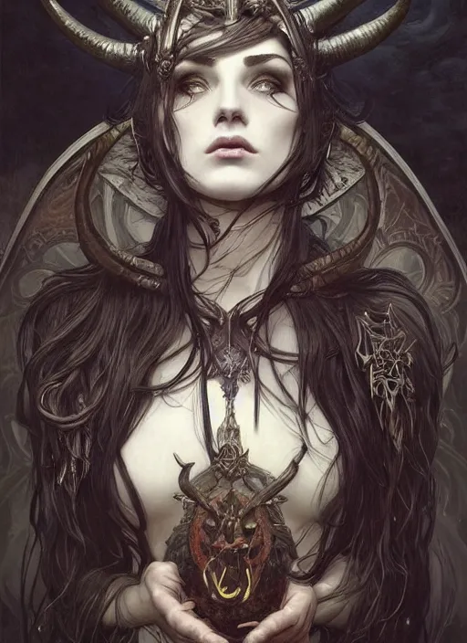 Image similar to a beautiful illustration of a satanic witch with horns in head, intricate, sharp focus, illustration, highly detailed, digital painting, concept art, matte, art by wlop and artgerm and greg rutkowski and alphonse mucha, masterpiece