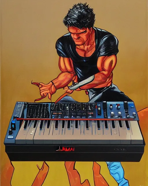 Image similar to cyclops (from x-men) playing an Akai MPC 2000XL, by Toni Toscani, oil on canvas
