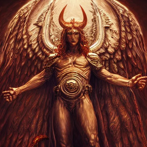 Image similar to photorealistic biblically accurate demonic archangel the style of michael whelan and gustave dore. hyperdetailed photorealism, 1 0 8 megapixels, amazing depth, glowing rich colors, powerful imagery, psychedelic overtones, 3 d finalrender, 3 d shading, cinematic lighting, artstation concept art