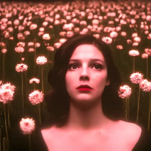 Image similar to movie still of the girl with the flowers head, cinematic composition, cinematic light, dream effect, dream atmosphere, by edgar wright and david lynch,