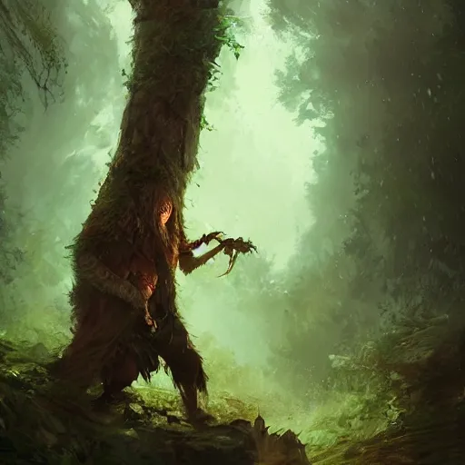 Prompt: Tree druid, closeup, axe in hand, in the forest, dungeons and dragons, by Greg Rutkowski, digital art, trending on artstation