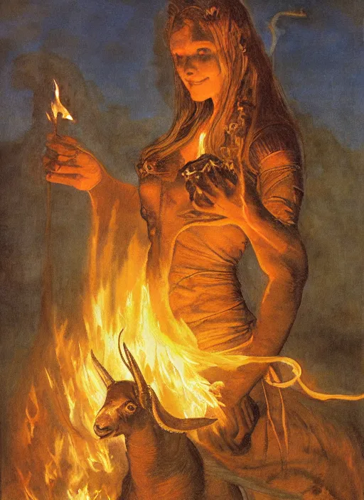 Prompt: half length portrait of a bautiful witch girl burning with a goat in her hands, glowing fire, medieval castle, by mikhail vrubel, by peter elson, muted colors, extreme detail, trending on artstation, 3 5 mm, aperture 1. 2, 8 k