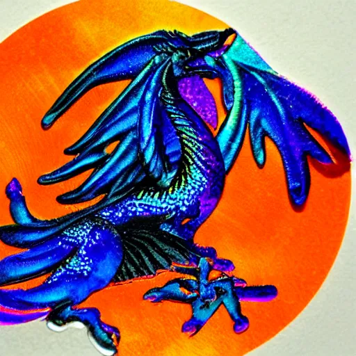 Image similar to indigo dragon with raven wings and holographic scales shimmering gold with deep orange background ultrarealistic 1 5 0 mpx