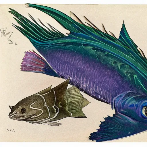 Image similar to a single fantasy hybrid animal with features of an armored catfish, the fins and legs of a sea robin, and the skin and gills of a lamprey, with six large black eyes, long tendrils, and complex markings. the animal is swiming in dark blue and purple toned water in a jagged rocky landscape by alphonse mucha and h. r. giger.