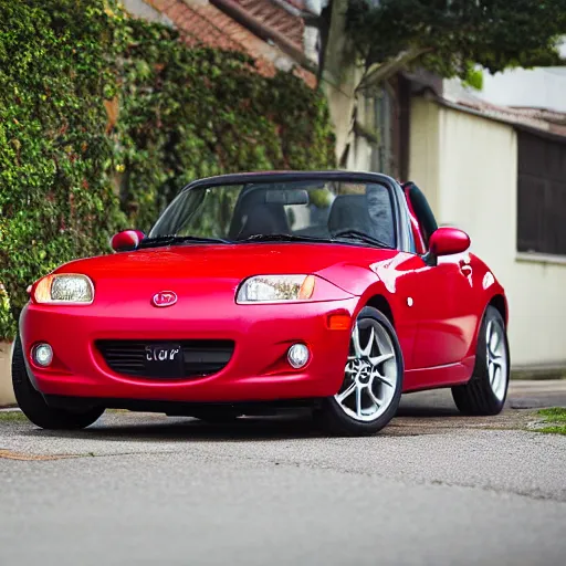 Prompt: 105mm photo of car full view mid distance photograph red Mazda Miata parked on street from 2000