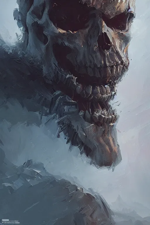 Image similar to concept art skull lord, brushstroke, close - up portrait, powerfull, intricate, elegant, volumetric lighting, scenery, digital painting, highly detailed, artstation, sharp focus, illustration, concept art, ruan jia, steve mccurry