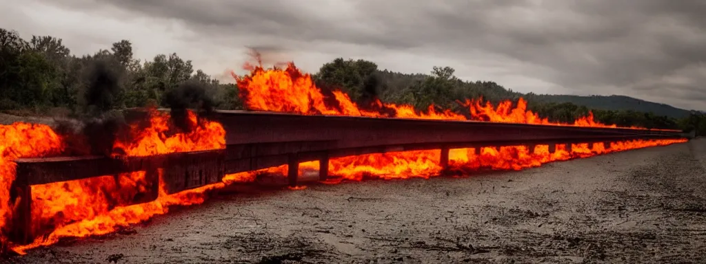 Image similar to Long bridge to hell, dslr, hyper realistic, photojournalism, scary, firey, disturbing