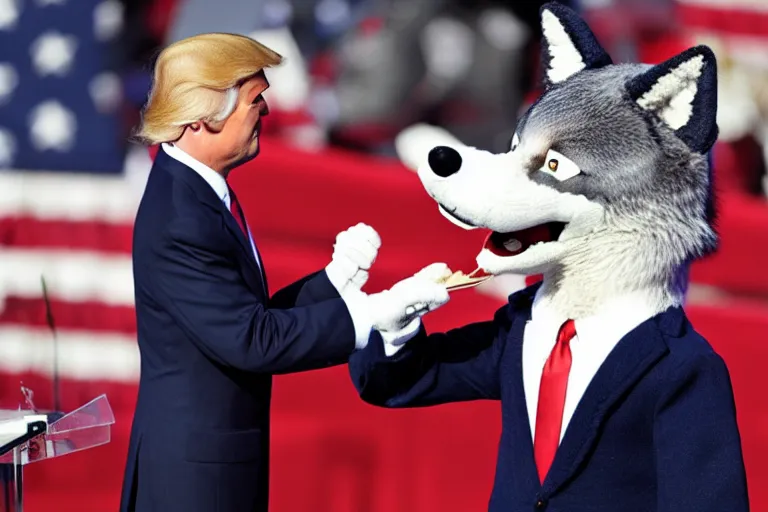 Image similar to photo of the usa presidential inauguration, a wolf fursuiter being inaugurated as president