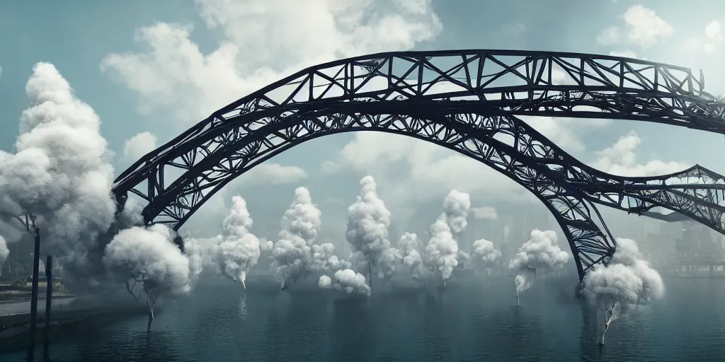 Image similar to explosions in the form of realistic white cotton plants on harbour bridge, huge white cotton everywhere on the destroyed harbour bridge, smooth, sharp focus, highly detailed, 3 d octane render, epic lighting, lots of white cotton, 8 k, by rhads