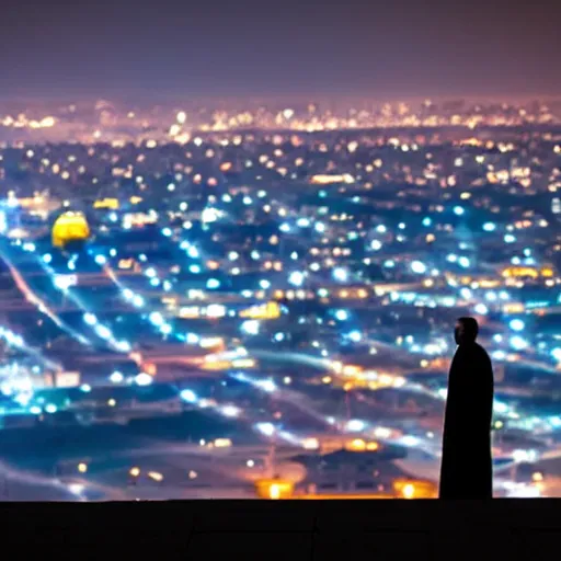 Prompt: arab man overlooking Riyadh city at night silhouette dramatic, dark, superhero