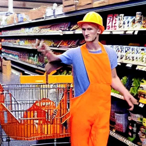 Prompt: layne staley working as a grocery store cart attendant and wearing an orange hivis vest