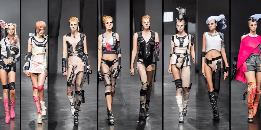 Prompt: catwalk fashion in cyberpunk style