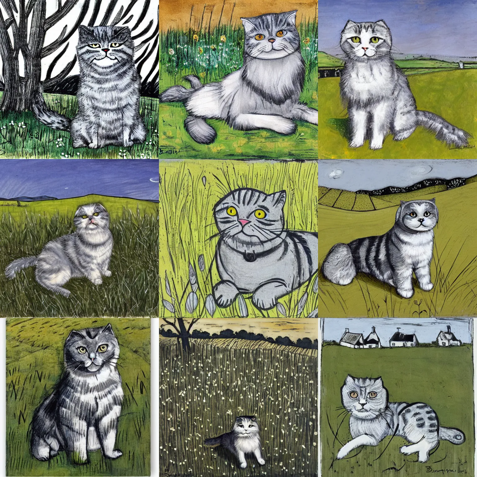 Prompt: a gray scottish fold sitting in the middle of sunny meadow, by bernard buffet