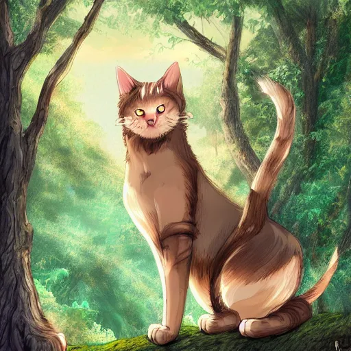Prompt: cat guardian of the forest, high detail, digital art, anime
