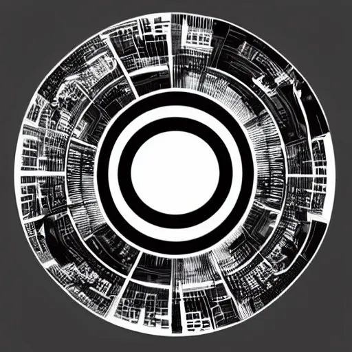 Image similar to a faint yin - yang daoist symbol superimposed on the futuristic cityscape in a utopian well - organized society, black and white multiscale