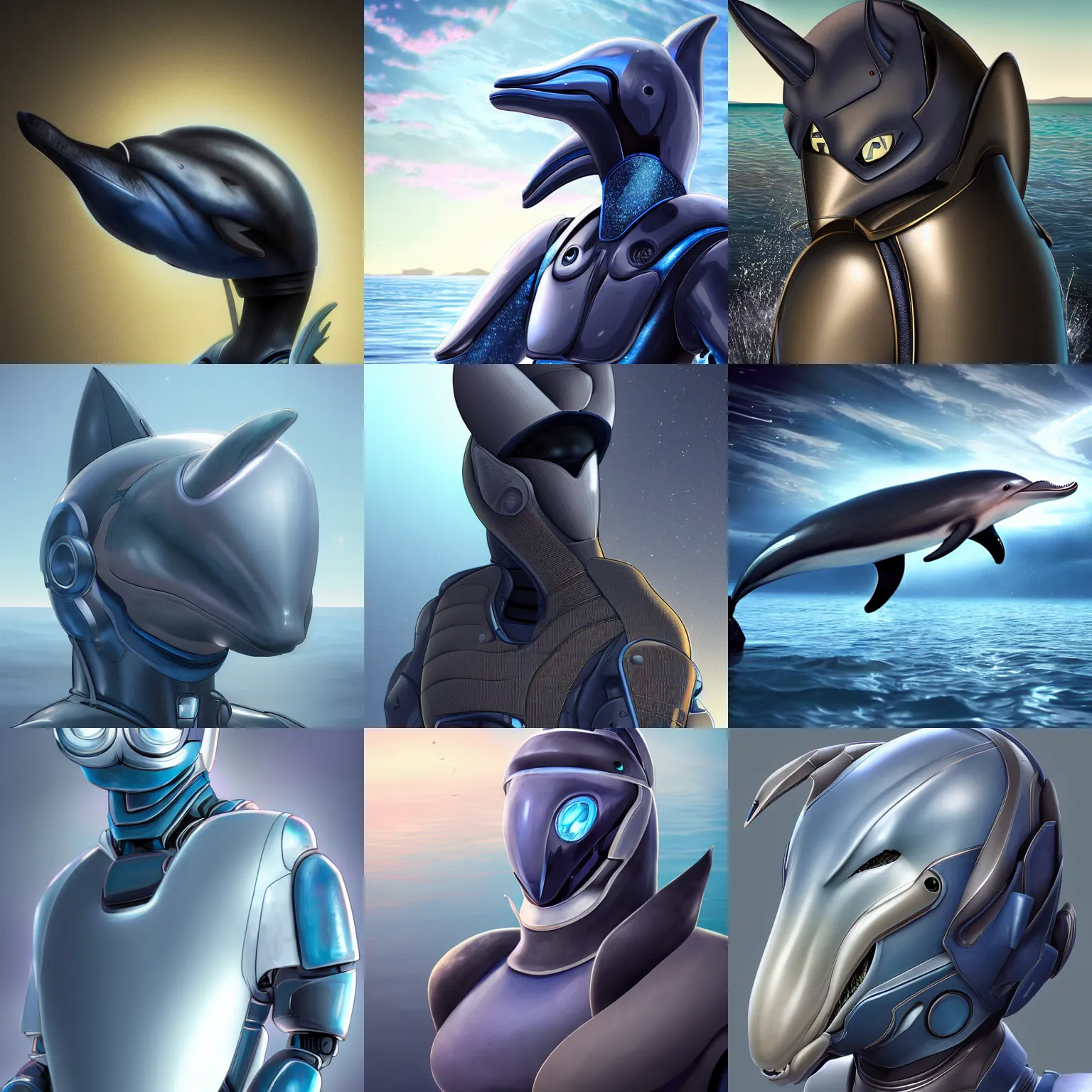 Prompt: very very beautiful furry art, male robotic anthro dolphin, integrated synthetic cetacean hybrid android, face covered by large dark opaque visor, wide bottlenose snout protruding from under visor, smooth round shapes, all dark blue metal, commission on furaffinity, cgsociety, octane render, sea in background