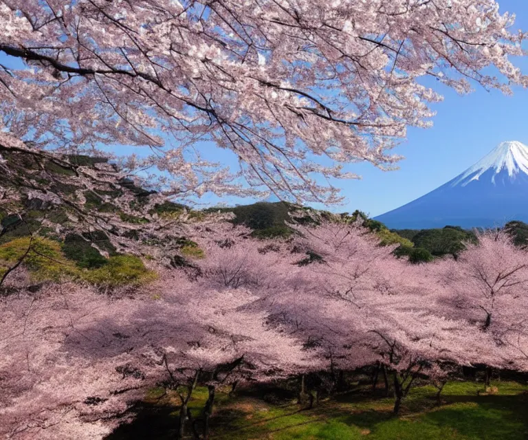 Image similar to a photo of mount fuji, japanese landscape, sakura trees, seen from a window of a train. beautiful!!!