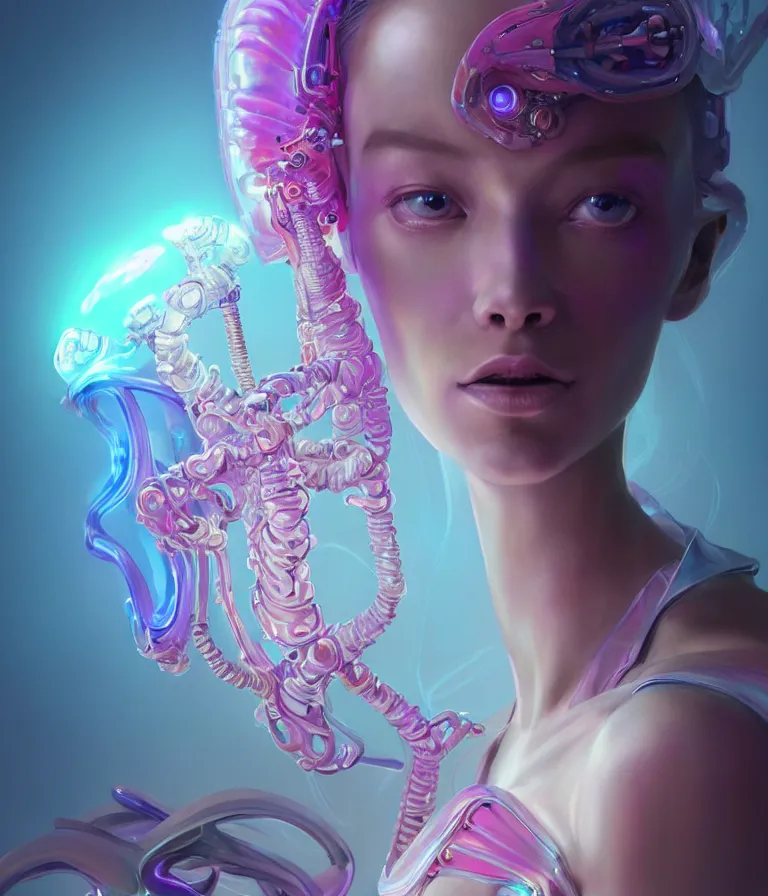 Prompt: iridescent portrait of a beautiful princess in robe. hard surface modelling. cyberpunk look. biomechanical mask. bio luminescent biomechanical halo around head. neon jellyfish. artwork by jarold Sng by artgerm, by Eddie Mendoza, by Peter mohrbacher by tooth wu, unreal engine, octane render, cinematic light, high details, iridescent colors, dichroic, macro, 4l