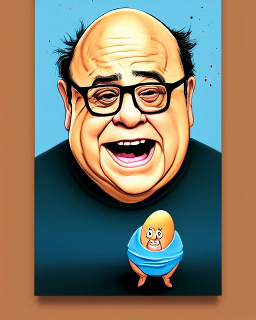 Image similar to painting portrait of danny devito as an egg, cartoon, warm lighting, danny devito has an egg body, movie poster, illustration by bartek fedyczak, erak note, tooth wu, neil richards, kan liu, siwoo kim, jisu choe, trending on art station