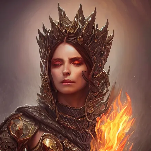 Image similar to Closeup of realistic Sumerian Death Queen with small bones covering vest and flowing fire and smoke , fantasy, intricate, elegant, highly detailed, digital painting, artstation, concept art, matte, sharp focus, illustration, hearthstone, art by Artgerm and Greg Rutkowski and peter mordenbacher