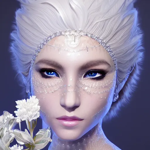 Image similar to portrait of wonderfu princess of white diamonds with fair skin, white hair, white flowers, ornate with white diamonds, 8 k, gorgeous, intricate, detailed, glowing white accent lighting, dramatic lighting, octane render