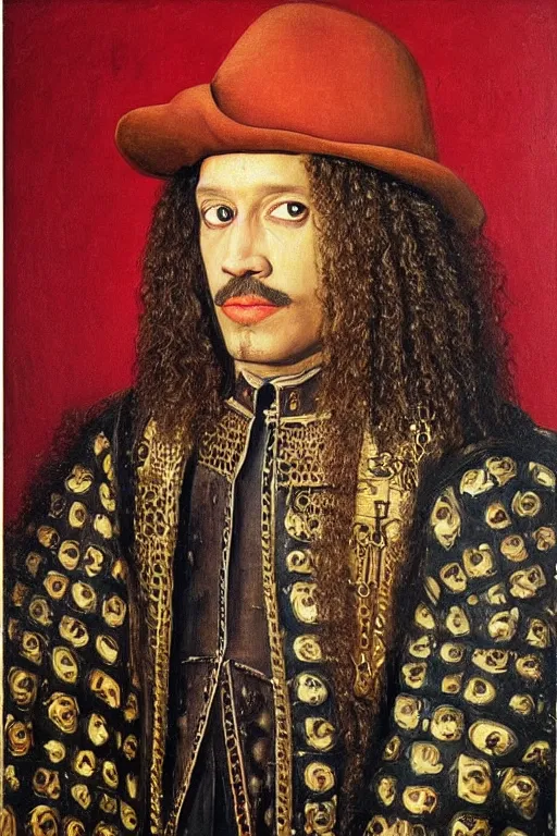 Prompt: portrait of slash from guns and roses, oil painting by jan van eyck, northern renaissance art, oil on canvas, wet - on - wet technique, realistic, expressive emotions, intricate textures, illusionistic detail