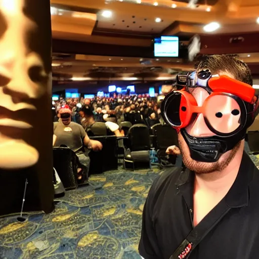 Prompt: A guy with a crowbar and swim goggles at the DEF CON conference in Las Vegas