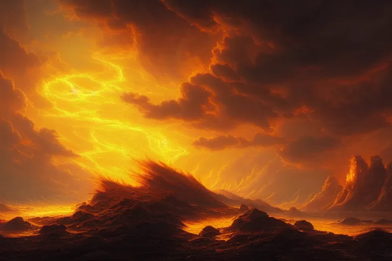 Image similar to a beautiful hyper realistic detailled matte painting of a fiery torrent of wind overflowing with yellow energy, nightfall, barometric projection, by andreas rocha john howe, and martin johnson heade, featured on artstation, featured on behance, ultrawide angle, f 1 6