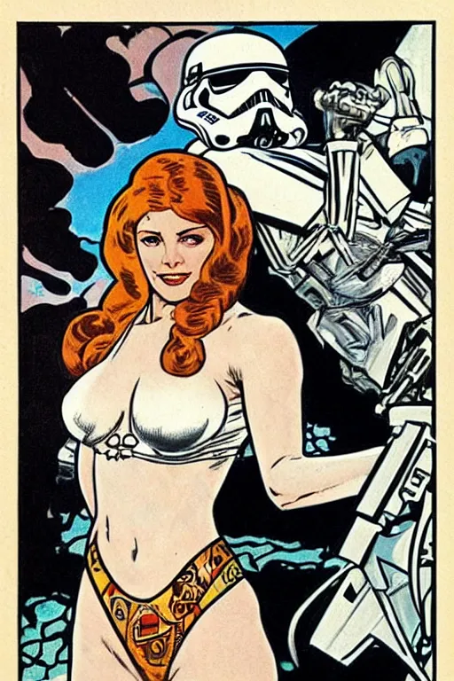 Image similar to female in white bikini with tattoos and stormtrooper helmet, well composed, clean elegant painting, beautiful detailed face. 6 0 s style advertising, comic book art by steve ditko and jack kirby and ( alphonse mucha )