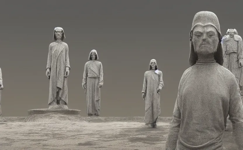 Prompt: screenshot of multiple grey Jedi statues by Zdzisław Beksiński, from 1970s star wars film thriller directed by Stanley Kubrick, iconic scene, 4k UHD still frame, windy hair, cinematic lighting, stunning cinematography, hyper detailed scene, anamorphic lenses, kodak color film stock