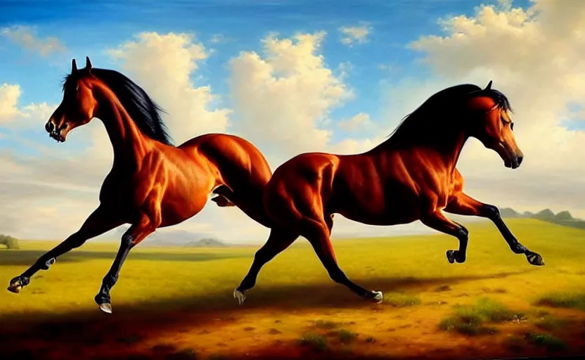 Image similar to a masterpiece oil painting of a proud horse galloping alone. wide angle, fantasy art, alex ross, heroic lighting, very very very beautiful raytraced rendering